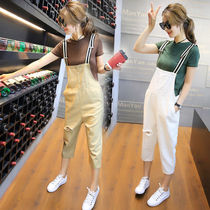 Set single solid color hole wide leg strap pants women loose Capri pants Harlan jumpsuit casual ankle-length pants