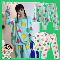 Japanese geometric pattern same pajamas boys and girls long-sleeved trousers spring and autumn lovers cute ins style home clothes