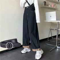 2021 Spring and Autumn Vintage Fat mm High Waist Jeans Female Student Loose Slim Curled Straight Wide Leg Pants
