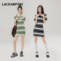 LACRAWFISH American campus college style sweet cool hot girl waist hollow waist strap striped dress female