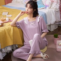 200 Jin plus size pajamas women Summer cotton short sleeve trousers spring and autumn two-piece New Korean home wear