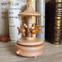 Rotating Trojan Music Box Wood Sky Sky City Children Birthday Graduation Gift Dancing Angel Creative Octasonic Box