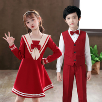 New Year's Day Children's Performance Dress Pupils Choir Girls Red Dress Boys Poetry Recitation Performance Dress