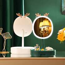 Cosmetic mirror dormitory with lamp tabletop dressing mirror folding light supplement beauty makeup mirror with storage box light luxury handheld