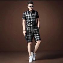 Summer new mens shorts two-piece European station Plaid embroidery short sleeve polo shirt set mens trend handsome