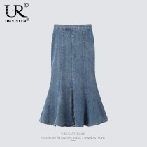 2023 new counter fishtail skirt skirt womens design sense high waist slimming slit bag hip a-line denim skirt summer