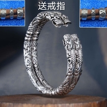 Two rings bracelet retro old nine door Zhang Qishan big Faye same men and women Open double dragon head sterling silver bracelet