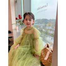 Girls dress Dress Spring Autumn 2022 New Ocean Gas Mesh Yarn Lace Big Boy Butter Fruits Green Pompon Princess Dress