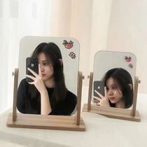 Net red makeup mirror student dormitory desktop wooden mirror large HD rotatable mirror wooden home vanity mirror