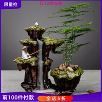 Creative reverse incense burner household sandalwood ceramic tea ceremony ornaments green plant potted micro landscape Chinese home decoration
