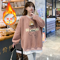 Pregnant women set autumn and winter plus velvet thickened embroidery bear loose net red lamb wool sweater fake two-piece top