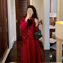 New Years shirt French Hepburn style vintage old womens winter red sweet tweed suit skirt two-piece set