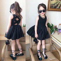 Girls dress 2022 new Summer Child clothing Han version Ocean Qi Childrens Back Cross Little Black Dress Fluffy