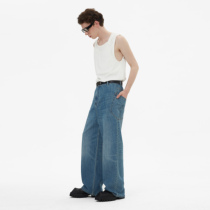 Out Escape Baregang West 3D Convex Print Pocket Washed Denim Pants Loose Straight Drum Retro Custom LOGO Leather Trailing