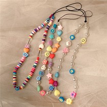 New Korean version of ins creative bohemian soft pottery smiling face pearl beaded mobile phone lanyard acrylic mobile phone chain