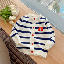 Girls knitted sweater cardigan 2023 spring new small and medium-sized childrens baby foreign style striped top thin coat