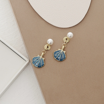 Summer Blue Explicit White Harbor Wind Shells Sector Pearl Earrings Small Crowd Design Light Lavish Mosquito Coil Pan Without Ear Clip