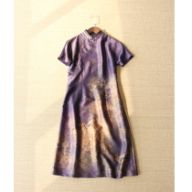 (Yunjia Original) Silk plain crepe satin Xiangyun yarn Chinese style modified cheongsam dress with rotator cuffs Purple pear flower