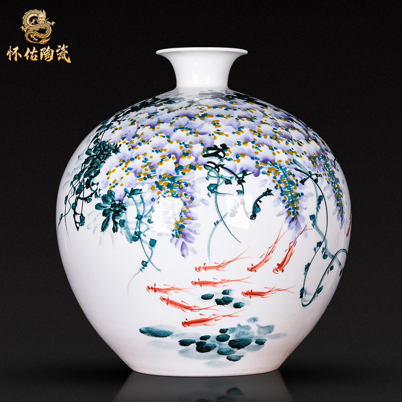 中国，景德镇，青白釉風景画花瓶 景德镇花瓶陶瓷大师手绘描金新中式-景德镇花瓶陶瓷大师手绘描金新中式