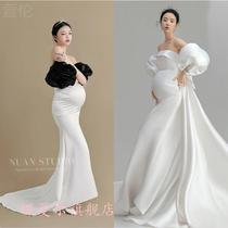 *New photo studio pregnant women photo clothing slim satin white dress expectant mother photo photography art clothing