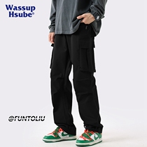 WASSUP HSUBE American Tide Brand Pants men spring trend relaxed casual trousers multi-pocket broad leg pants