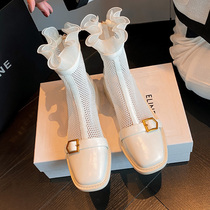 Fan-style small short boot female summer slim slim white slim boot genuine leather mesh yarn cool boots Coarse Heel Mesh Boots Hollowed-out Sandals