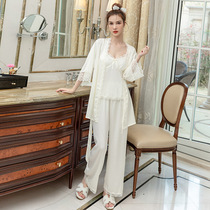 Lace home service trousers long-sleeved suspenders French three-piece suit can be worn outside chest pad pajamas ice silk spring and summer feminine