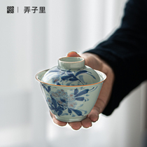  Dongzi Li Jingdezhen Ceramic hand-painted blue and White Kung Fu tea set Two Camellias cover bowl Single Tea bowl 140ml
