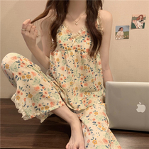 Two pieces of sleepy dress with long pants in early spring can wear a sweet cute lace print with chest cushion