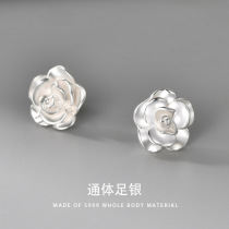 S999 Foot Silver Noble Gas Mountain Tea Flower Advanced Sensation New Chinese Ear Nail Woman Pure Silver Square Round Face Anti-Allergy Raised Earrings