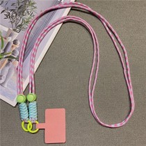 Contrasting color double rope powder blue mobile phone lanyard womens creative non-porous fixed card clip mobile phone chain Messenger pendant long