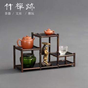 竹禅迹|紫竹茶棚 茶杯茶具桌面收纳展示架茶室竹博古架多宝格中高