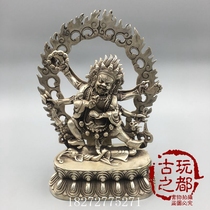Hot selling antiques Tibetan Buddhist supplies pure copper and silver-plated exquisite six-arm Mahakala Buddha statue tribute home furnishings