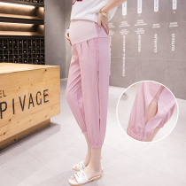 Pregnant woman summer wearing cotton plaque pants in summer wear thin pants pregnant seven-minute pants in summer casual pants