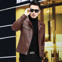 2021 Haining Spring and Autumn New Leather Mens Leather Sheepskin Locomotive Short Lapel Korean Leather Jacket Leather Jacket