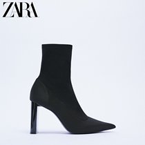 ZARA Early Spring New Products TRF Women Shoes Black Elastic Fabric Pointed High Heel Fashion Short Boots 3107810040
