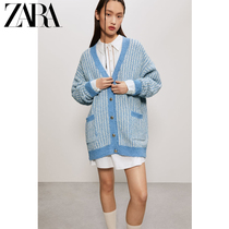 ZARA spring new womens dress sky blue coarse flowers in gold row with knitwear 6771027044