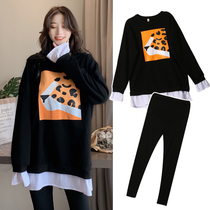 Pregnant women dress autumn 2021 fashion new foreign style stitching long loose top plus velvet set tide mom Spring