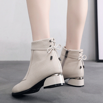 Beige small short boots woman 2021 autumn winter single boot genuine leather coarse heel soft leather Martin boots with velvet big code womens shoes 41 1 43
