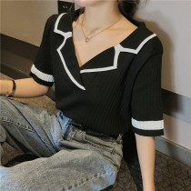 Big code short sleeve t-shirt woman covered with slim blouse v collar micro-fat mm fasted small crowdbill ice silk knit cardiovert