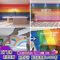 Nordic Cement Wall Streaks Rainbow Wall Sticker Mesh Red Plaid Wallpaper Hotel Milk Tea Stickers Photoshoot Card Background Wall