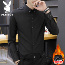 Playboy plus velvet shirt mens black long sleeve autumn and winter new clothes warm casual shirt mens tide