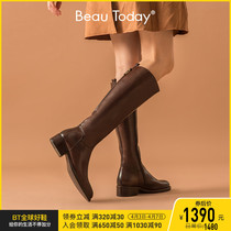 BeauToday little sub genuine leather long cylinder boots female knight boots thick and thin boots female winter plus suede but kneecap