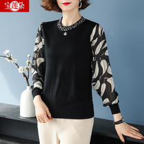 Mother spring dress knitted thin small shirt middle-aged womens base coat middle-aged and elderly foreign air age reduction gauze sleeve T-shirt suit