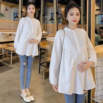  Maternity cotton and linen fashion white shirt 2021 spring new long-sleeved mid-length shirt loose belly top
