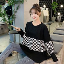 Pregnant Woman Online Red Pregnancy Blouse Spring Autumn New Plaid Splicing Doll Sweatshirt Loose big code Belly Fake two T-shirts