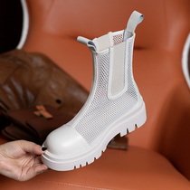 Martin Boots Summer Thin womens net yarn breathable 100 hitch slim smoke pipe boot thick bottom hollowed-out mesh boots cool boots genuine leather