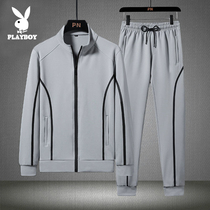 Playboy Mens Leisure Sports Hooded Plus Size Youth Cardigan Sweater Autumn Jacket Long Pants Set Tide