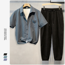 Short-sleeved shirt suit mens summer trend boys wear three-piece suit Light cooked wind mens suit with ruffian handsome