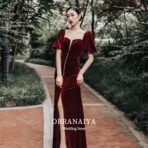 Toast bridal burgundy dress dress light luxury thin 2021 New Birthday party engagement dress women